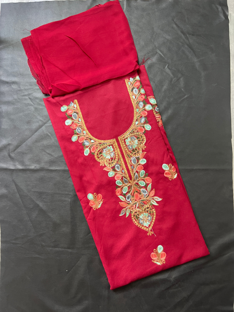 Kashmiri Botti Aari 3 Piece Unstitched Suit | Red
